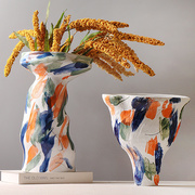创意个性小众艺术手工彩绘，涂鸦抽象布袋陶瓷花器花瓶大号装饰摆件