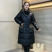 大码胖MM冬款连帽香云纱相拼棉服外套女2023年货宽松长款棉衣