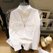 白色衬衫早春外套女2024韩版小个子宽松休闲衬衣别致口袋上衣