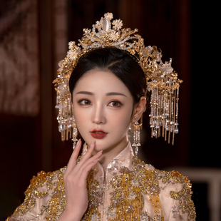 中式婚礼古典秀禾服新娘复古国风头饰珍珠花朵金色结婚发饰品雅瑄