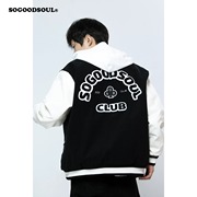 sogoodsoul黑色贴布绣字母pu皮，加厚棒球服男潮牌落肩夹克外套秋冬