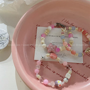 小众彩色粉色石头陶瓷，串珠手链甜美法式度假风，手串花朵手饰
