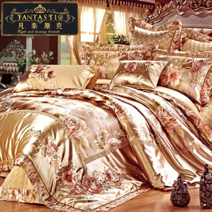 欧式床上用品四件套轻奢美式高档被套宫廷风贡缎提花六八十多件套