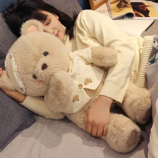 可爱围兜小熊玩偶睡觉抱枕，公仔棕色女孩娃娃，毛绒玩具大号儿童礼物