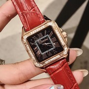 蒂米妮真皮表带女士手表满钻复古时尚方形石英白色国产腕表