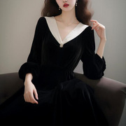 秋季法式长袖气质女装高级感正式场合礼服赫本风黑色丝绒连衣裙子