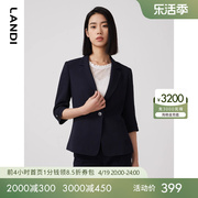 landi蓝地藏蓝色七分袖小西装外套女2023年春夏修身西服上衣