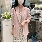 韩系皮粉色小西装女春秋十三行2024新款时髦廓形百搭宽松西服外套