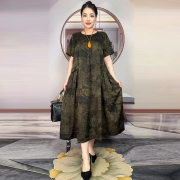 2025夏季新款高级感圆领大版200斤妈妈真丝连衣裙宽松大码长裙子