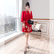 新中式旗袍裙子女装，2024裙子春装气质，名媛复古红色国风连衣裙