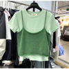 韩版糖果色减龄韩系ins纯色百搭针织吊带背心+短袖T恤两件套装女