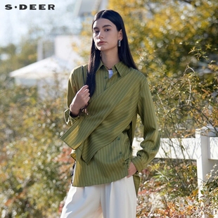 sdeer圣迪奥女装春装，设计感翻领条纹，解构不规则衬衫s24160504