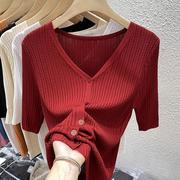 红色v领冰丝针织开衫短袖，女夏季薄款修身显瘦减龄体恤正肩t恤上衣