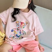 女童短袖t恤2024儿童，夏装韩版宽松上衣，潮中大童卡通刺绣体恤