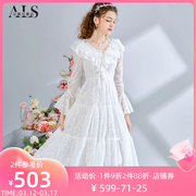 艾丽丝2024春季白色V领中长款仙女裙优雅花朵蕾丝显瘦连衣裙