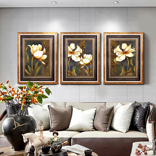 奢华欧式装饰画客厅沙发背景墙挂画三联画美式复古田园花卉画