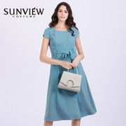 SUNVIEW/尚约长款纯色连衣裙短袖中长款飘逸女装湖蓝色设计师款