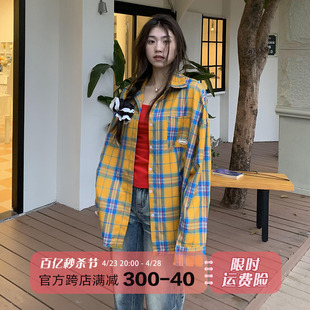 橘子树在哪儿美式复古格子衬衫外套女春夏宽松慵懒风防晒情侣上衣