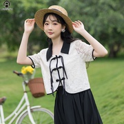 夏季韩系短袖娃娃领衬衫百搭蕾丝款上衣女，+黑色修身显瘦半裙