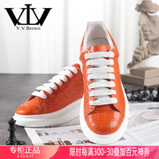 v.vbrown意大利品牌休闲防滑圆头系带鳄鱼皮鞋，耐磨增高真皮鞋