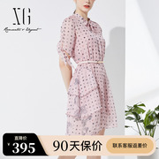 xg粉色复古波点蝴蝶结，短袖收腰连衣裙，夏季2021女甜美洋气裙子