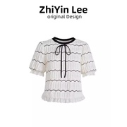 zhiyin白色条纹蝴蝶结蕾丝，t恤女2024春夏短款肌理，感短袖上衣