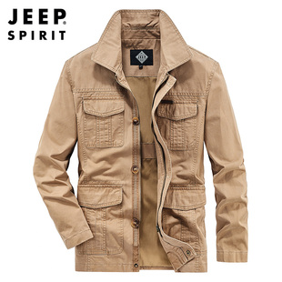 jeep吉普男装夹克宽松大码中年，爸爸装翻领，中长款户外全棉外套