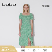 bebe春夏系列中长款方领印花短袖连衣裙250016