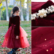 女童丝绒连衣裙秋冬儿童，女孩中大童公主礼服，红网纱蓬蓬新年长袖