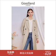 Goodland美地女装2023秋季长裤西装领双层翻领银灰色风衣外套