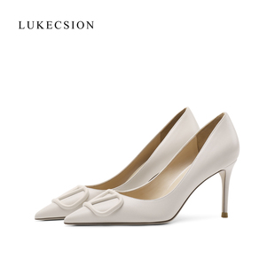 LUKECSION法式小高跟鞋真皮舒适浅口百搭尖头性感细跟8cmV字单鞋