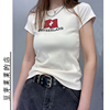 美式短袖T恤女bm复古瑞士旗印花半袖打底修身显瘦短款米色上衣夏