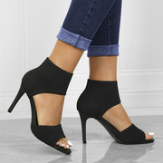 heels2023欧美中跟女鞋，舒适超高跟，显瘦黑色飞织细跟鱼嘴凉鞋