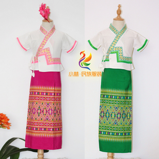 短袖白衣小傣族女童装棉布，套装玫红绿紫色，长裙西双版纳傣族女