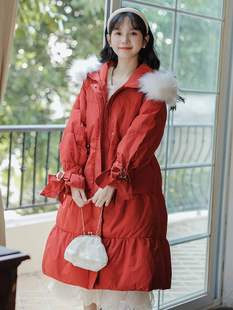 女装2023冬季新红色(新红色，)长款过膝大毛领面包服高级感收腰显瘦棉衣外套