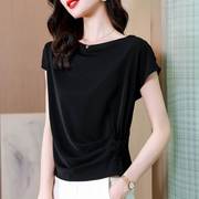 韩国黑色短袖雪纺T恤女夏2024气质时尚宽松优雅洋气漂亮上衣