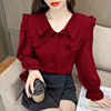 法式娃娃领雪纺衬衫女秋装2023年红色上衣，设计感别致洋气小衫