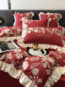 婚庆澳棉纯棉四件套玫瑰刺绣全棉被套床单结婚床品大红色床上用品