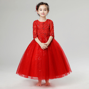 儿童晚礼服小花童公主裙女童长袖主持人蓬蓬红色婚纱钢琴演出高端