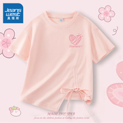真维斯女童短袖t恤纯棉夏装，2024粉色抽绳上衣，女孩设计感半袖