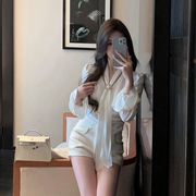 FairyJiang夏季缎面飘带收腰白色衬衫女设计感喇叭袖内搭衬衣