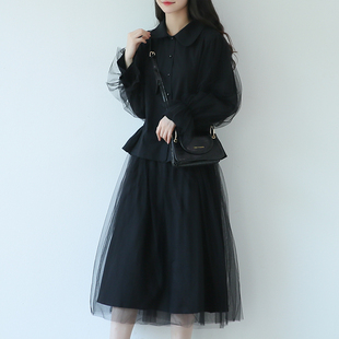 suin2023春季甜美宫廷风娃娃领喇叭袖拼纱黑色长袖衬衫女上衣