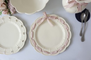 外单出口欧洲复古奶油黄缕空蕾丝陶瓷盘子 婚礼餐盘 花器摆件