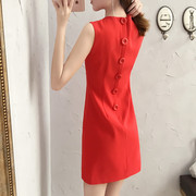 小香风无袖大红色，直筒连衣裙2024女夏季气质小个子，a字短款裙