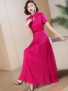 帝弗润驰2024夏法式(夏法式)温柔风，玫红色连衣裙气质女神，范设计(范设计)感长裙