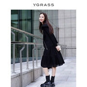 VGRASS黑色篙级感羊毛格纹网纱半身裙女春两件套VXL4O10930