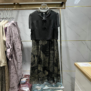新中式雪纺连衣裙女2024春夏季中年妈妈气质宽松显瘦假两件裙
