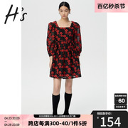 HS奥莱秋季商场同款黑色方领小红花气质露背设计感小众连衣裙