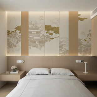 3d立体新中式建筑祥云壁纸沙发背景，墙纸酒店主卧装修饭店硬包墙布