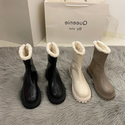香港马丁靴子女，秋冬2023长筒韩版法式时尚，加绒雪地靴加厚短靴